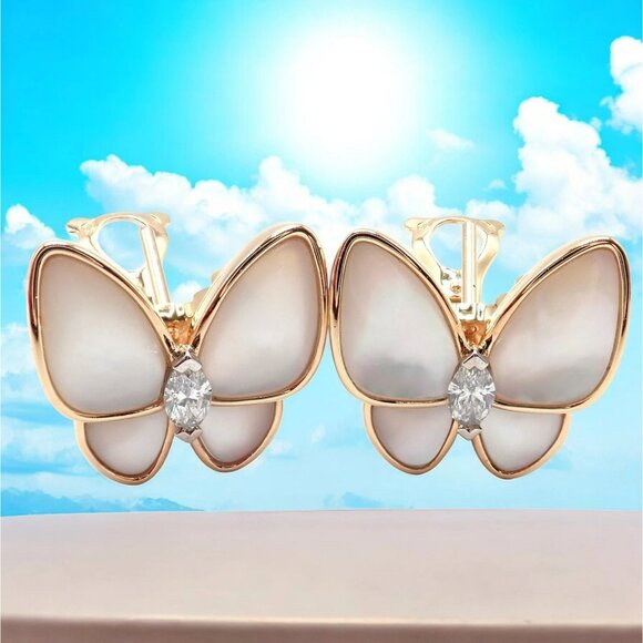 Van Cleef & Arpels 18k Rose Gold Diamond MoP Two Butterfly Earrings Cert - Picture 2 of 10